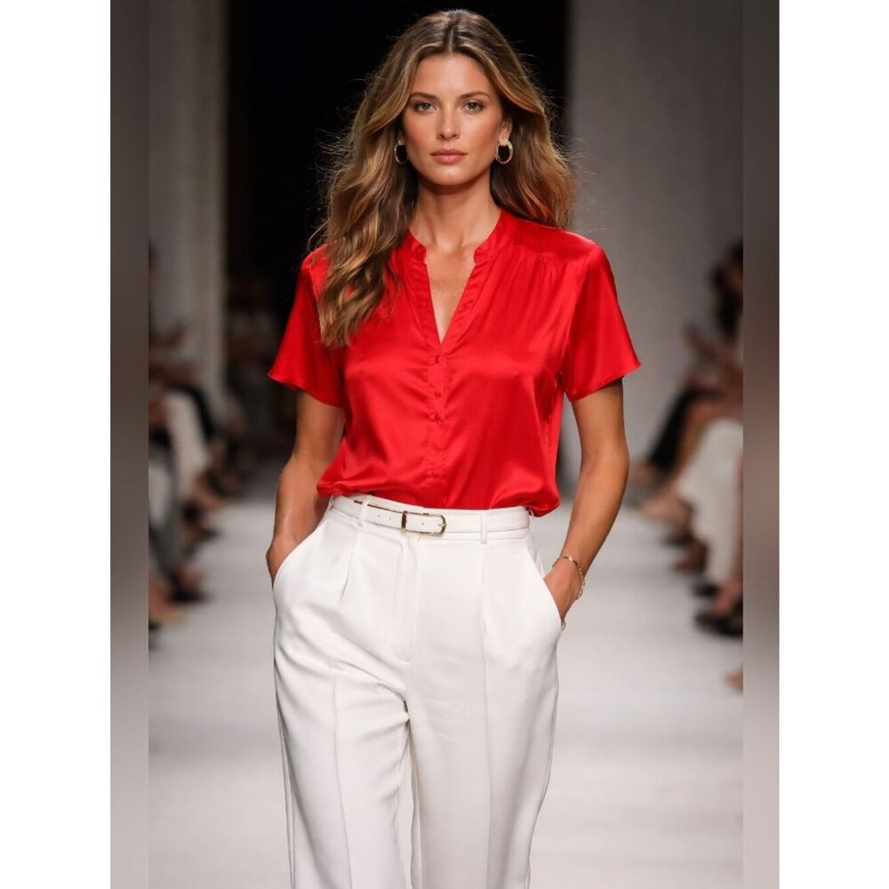 Kasper Red Short-Sleeve Satin Button-Down Blouse